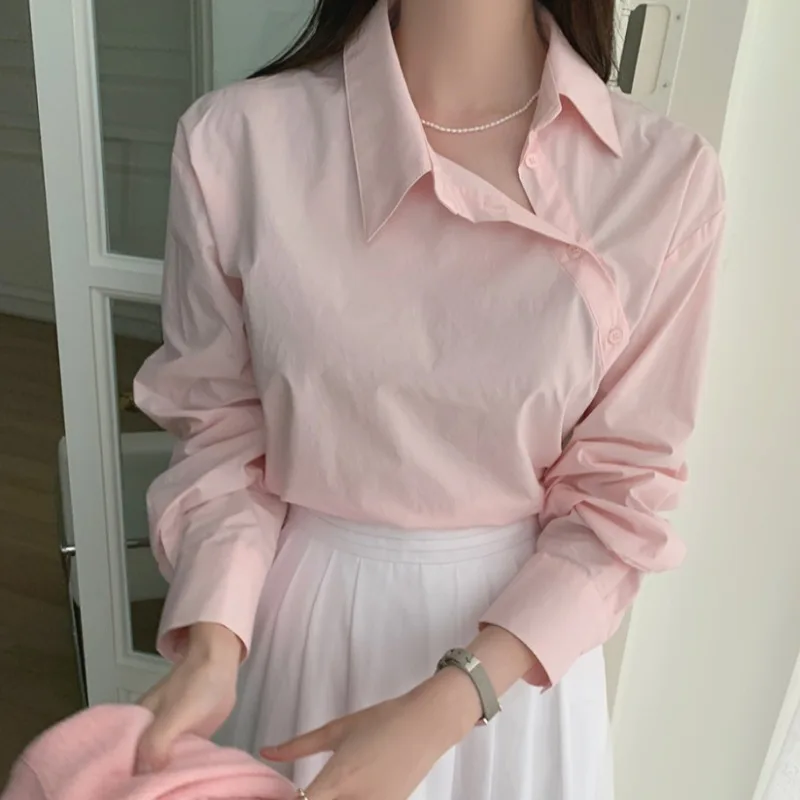 

Spring Autumn Loose Long Sve Pure Color irt Collar Side Button Design Casual Versatile Top for Women