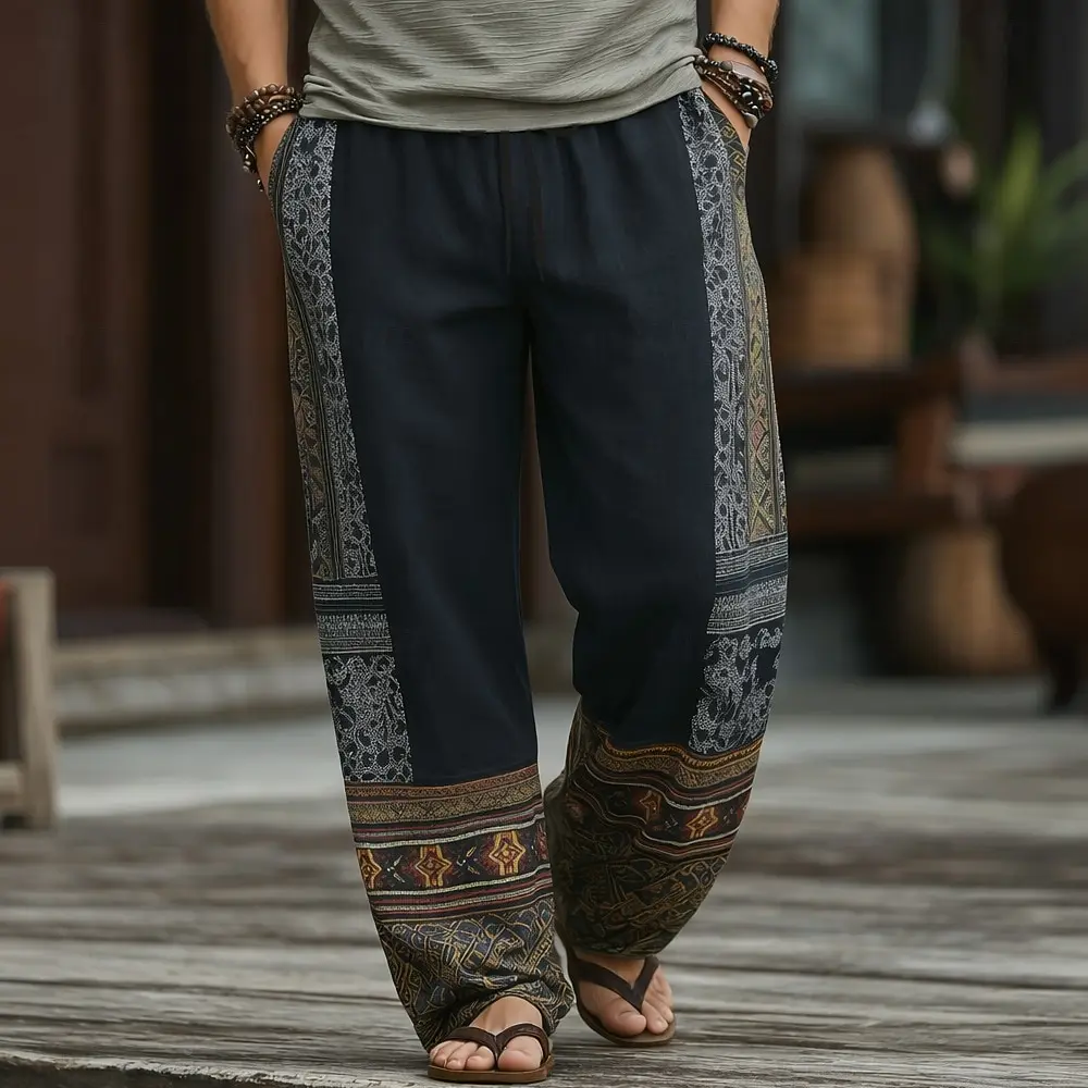 Men's Casual Loose Fit Wide Leg Pants 3D Pattern Elastic Drawstring Waist Trousers With Side Pockets Summer Daily Outdoor Travel