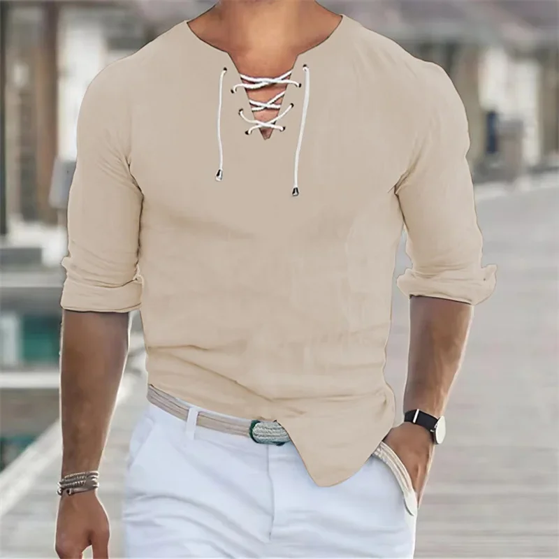 Men V Neck Pullover Drawstring Decoration Shirt Simple Style Solid Color Blouse Male Spring Autumn Daily Casual Long Sleeve Tops