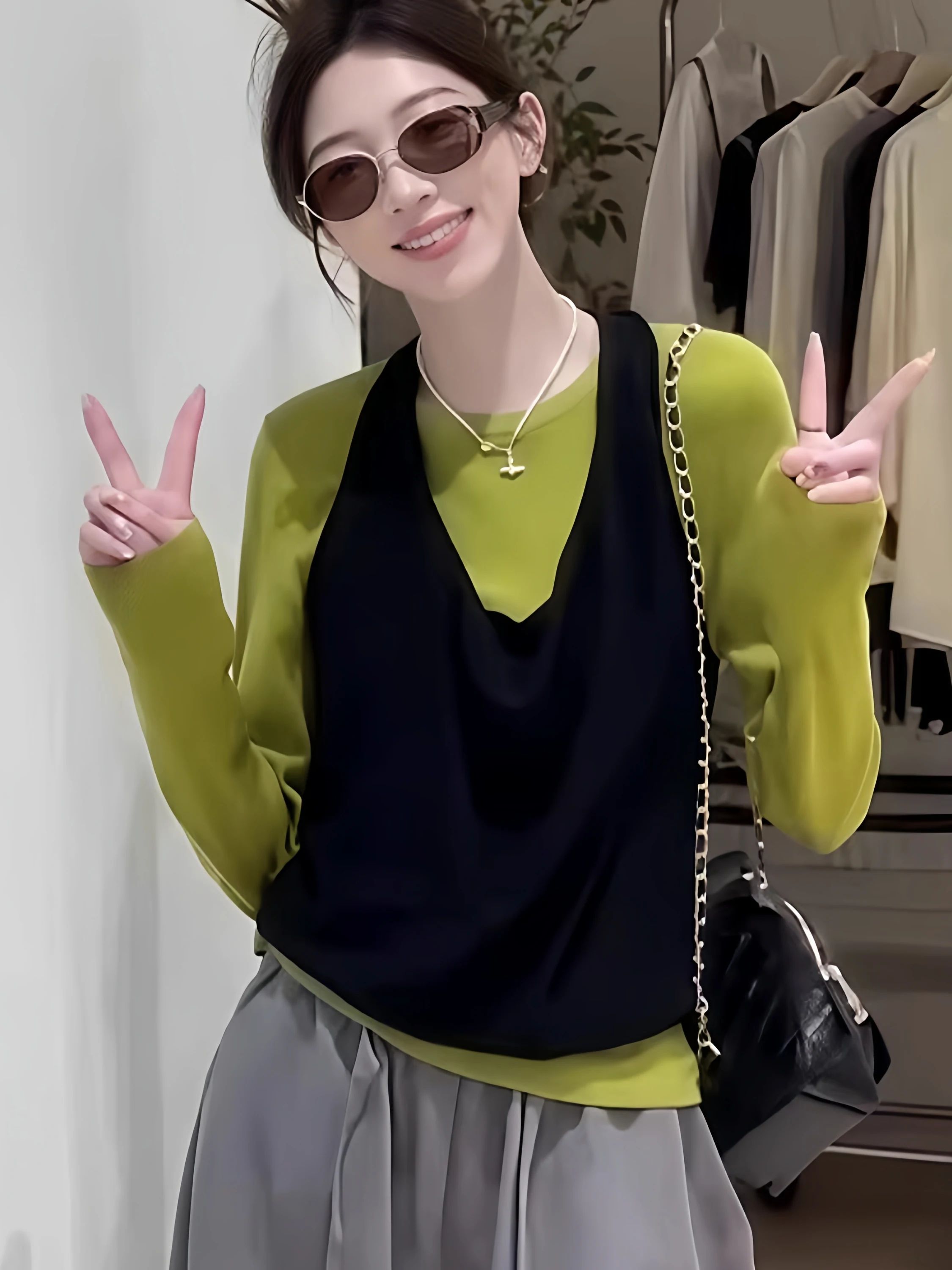 

Korean Sle Commute Faion Layered Two-Piece Set Long Sve round Ne Vest T-irt Women's Spring New Arrival