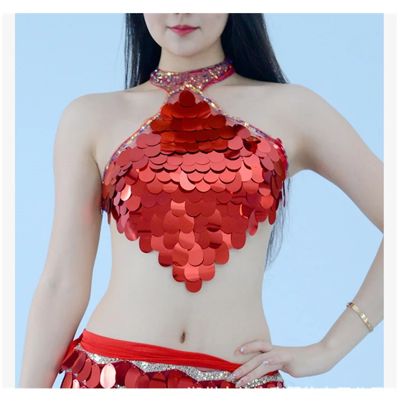 Sujetador con flecos brillantes para mujer, Top con cuello Halter para danza del vientre, baile de Gatsby, lentejuelas brillantes, Tribal, Push Up, disfraz, ropa de Club