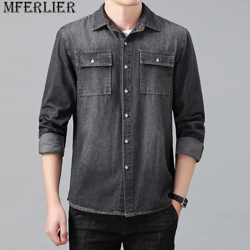 New denim shirt jacket men\'s casual loose plus size 8XL cowboy shirt spring autumn hundred with the shirts for men 6XL 7XL