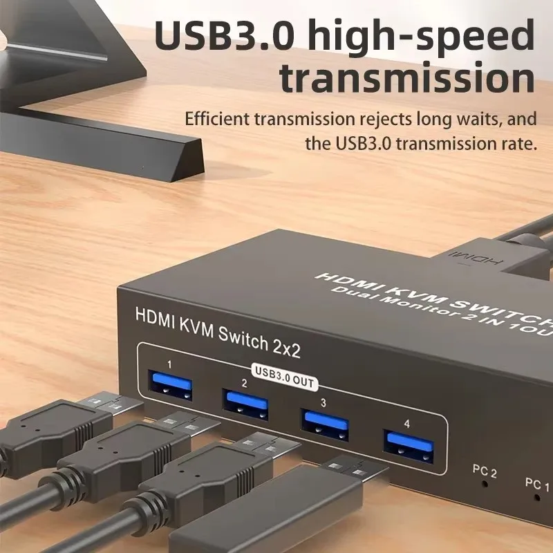 2x2 듀얼 모니터 HDMI KVM 스위처 2 in 2 out 4K 확장 디스플레이 HDMI DisplayPort USB3.0 PC 공유 마우스 키보드용 KVM 스위치