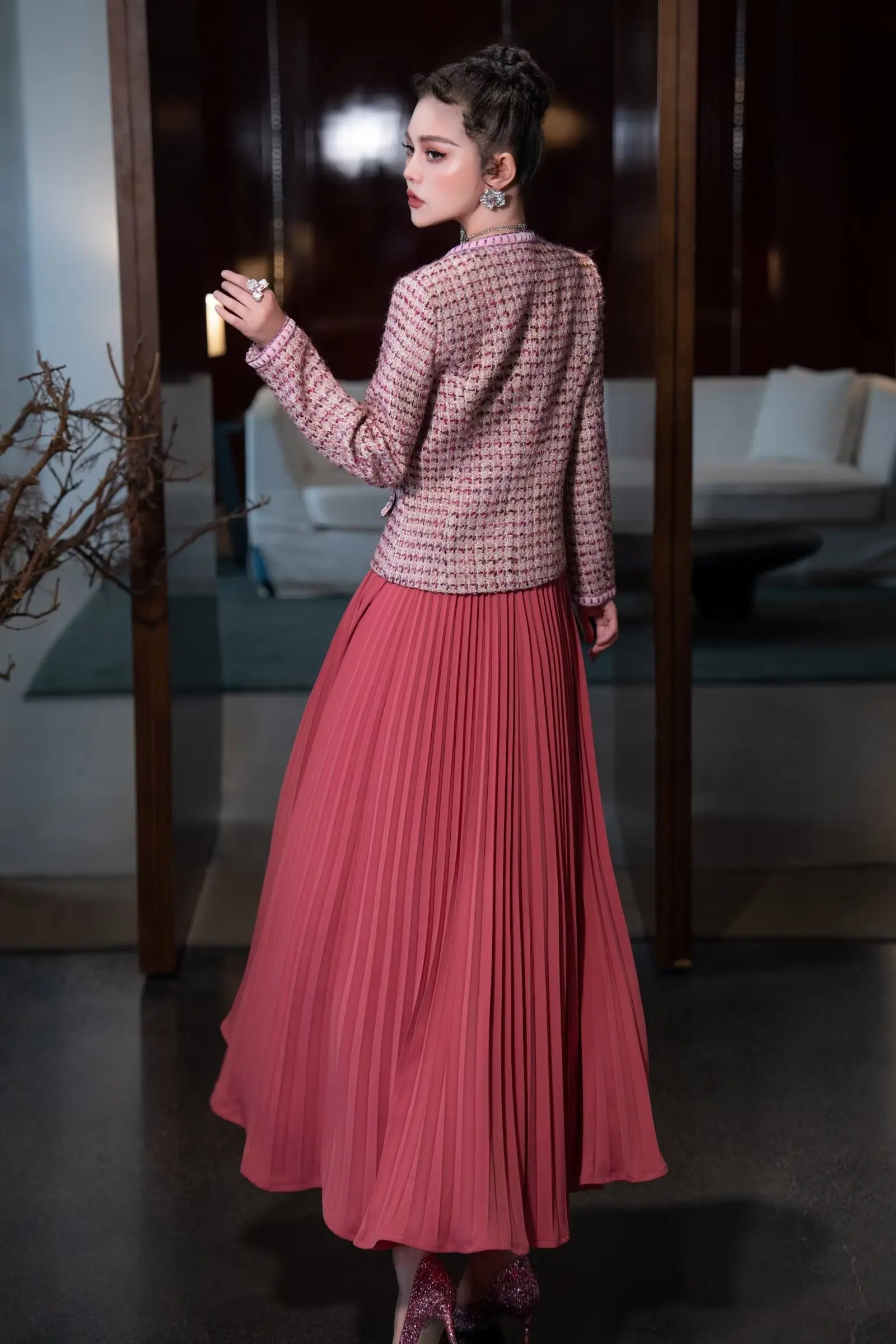 SEQINYY Pink Suit Spring Autumn New Fashion Design Women Runway V-Neck Vintage Weaved Jacket + Pleated Skirt High Street Office