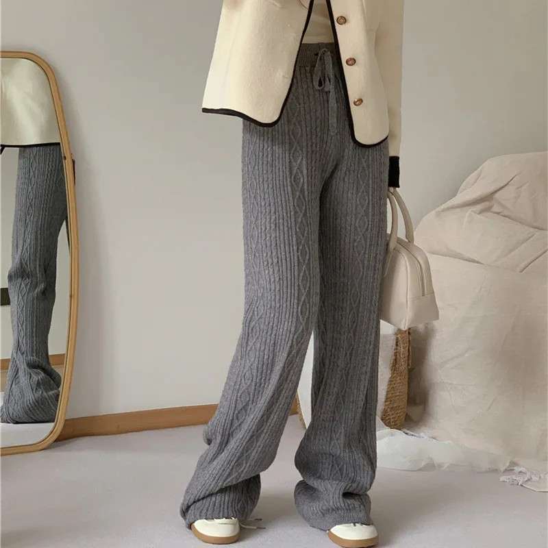 레트로 다이아몬드 니트 와이드 레그 팬츠 여성용 가을 겨울 부드러운 드레이핑 스트레이트 레그 루즈 슬리밍 캐주얼 롱 팬츠