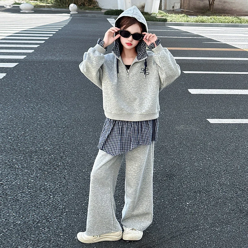 

Kids Clothes Sets for Girls Autumn Plaid Splicing Hoodie + Sweatpants 2pcs School Children Sport Suit Casual Teenager Tracksuit