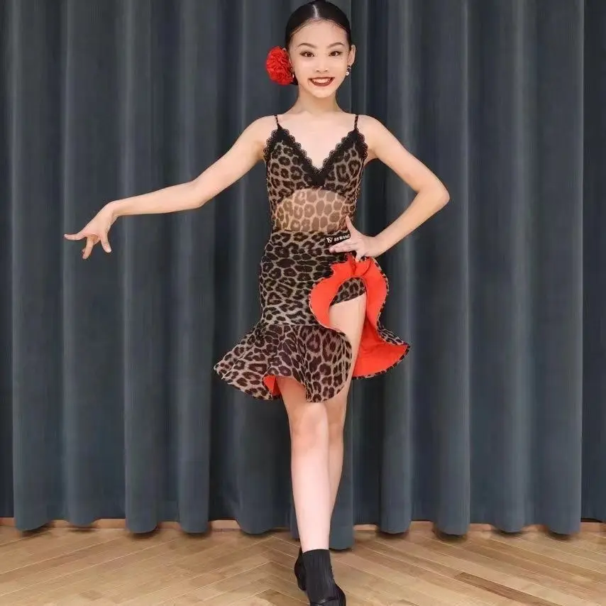 Leopard Grain Latin Dress Children Dance Dress For Girls Cha-Cha Kid Competition Girl Latin Dancing Dancewear Kids Latin Costume