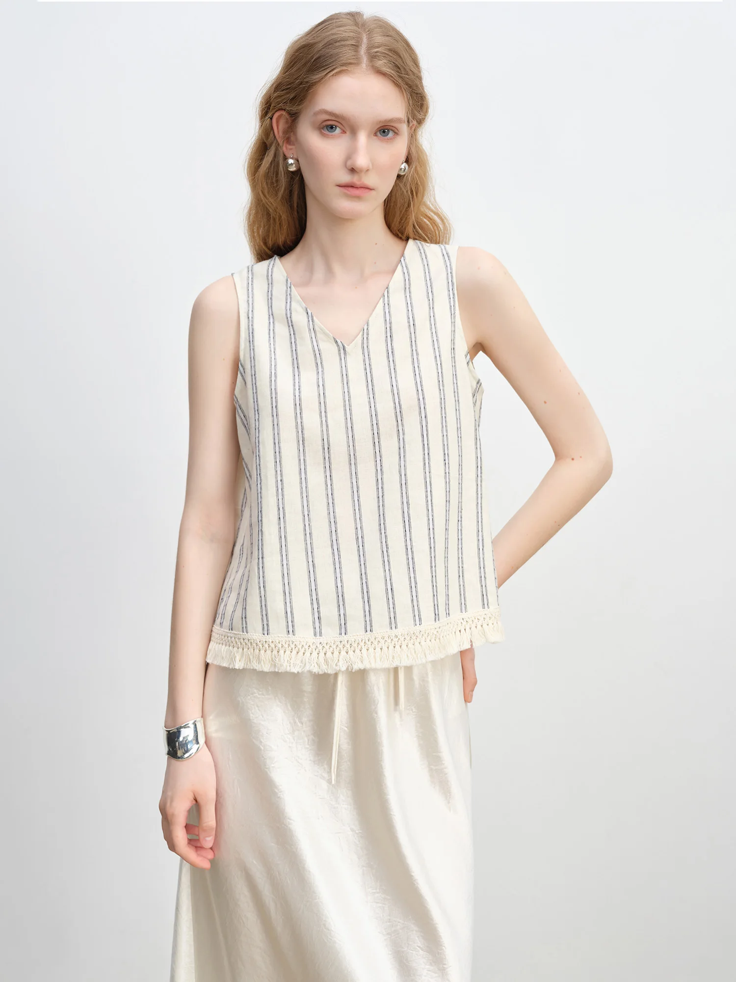 ZIQIAO Petite Women's Summer Linen Sleeveless Vest with Retro Striped Design Perfect for Vacation and Beachwear 25ZQ92315