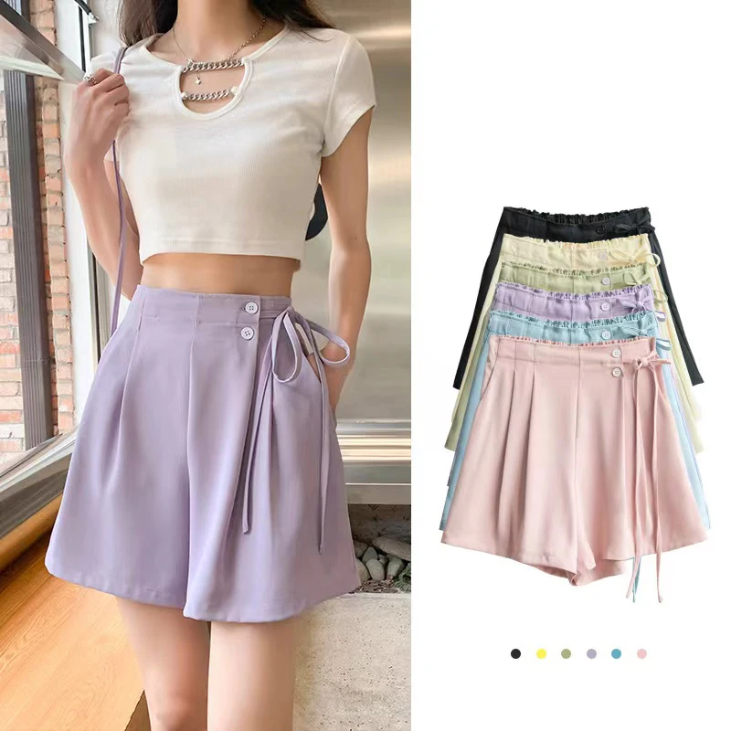 Casual High Waist Shorts Women Summer Lace Up Button Shorts Korean Fashion Office Lady Elegant Female Femme Short Pants Women