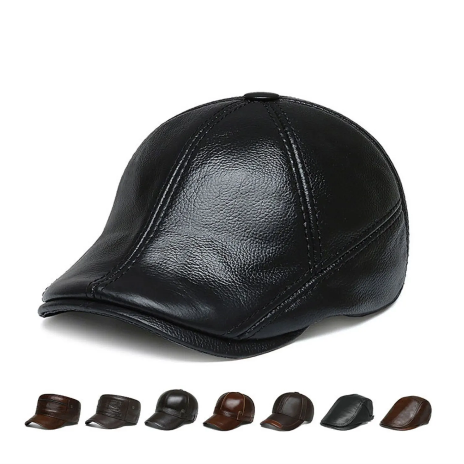 

Head Layer Cowhide Forward Cap Winter Men Warm Cold Grandfather Leather Baseball Cap middle-aged Elderly Padded Duck Tongue Cap