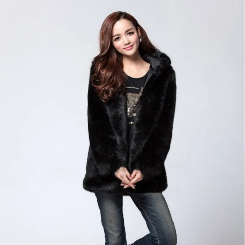 معطف نسائي بقلنسوة من الفرو المزيف متوسط الطول كاجوال متعدد الاستخدامات طويل Sve الخصر مقصوص Sle أوروبي أنيق غير صوف