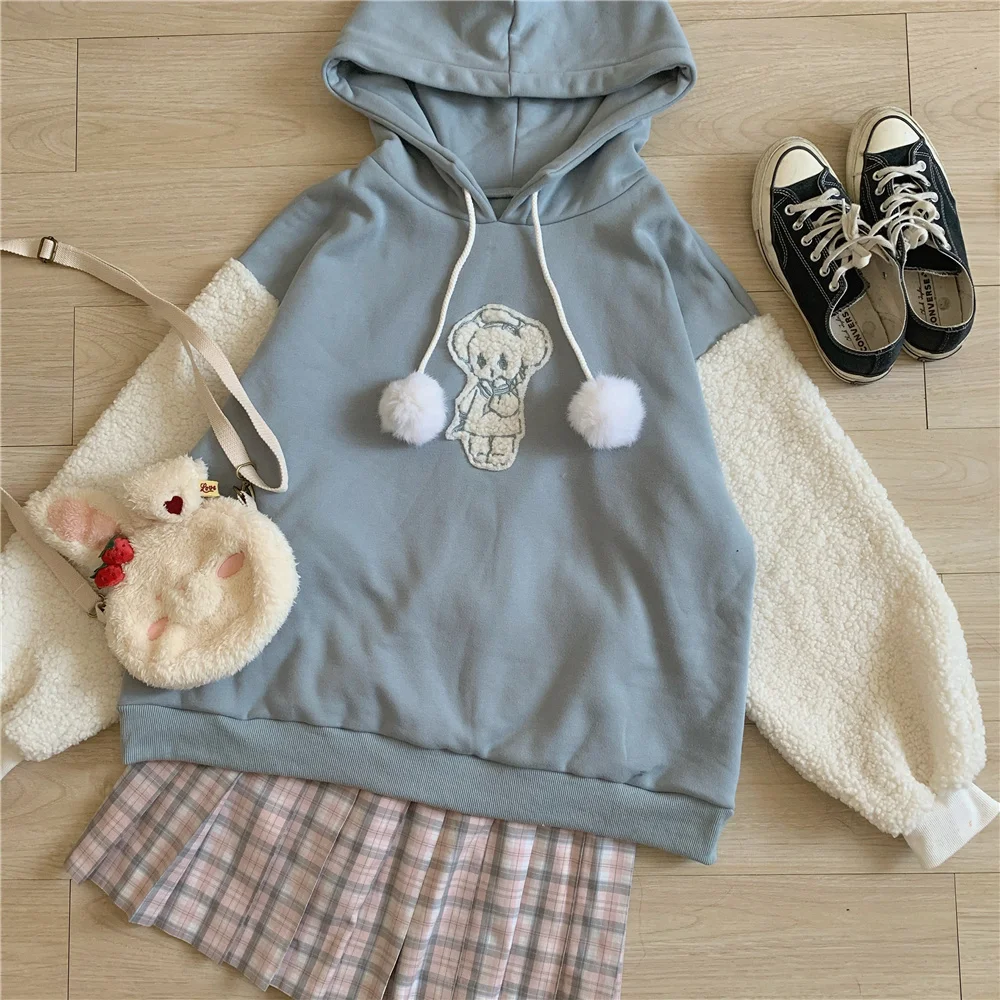 Spring Kawaii Lolita Women Hooded Sweatshirt Solid Lamb Embroidery Patchwork Fleece Long Sleeve Hoodies Pullover Velvet Moletom