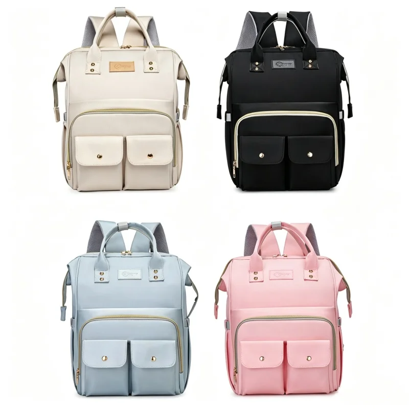 Solid-color multi-pocket backpack for moms - large capacity storage bag for mother and baby - portable insulated bottle backpack