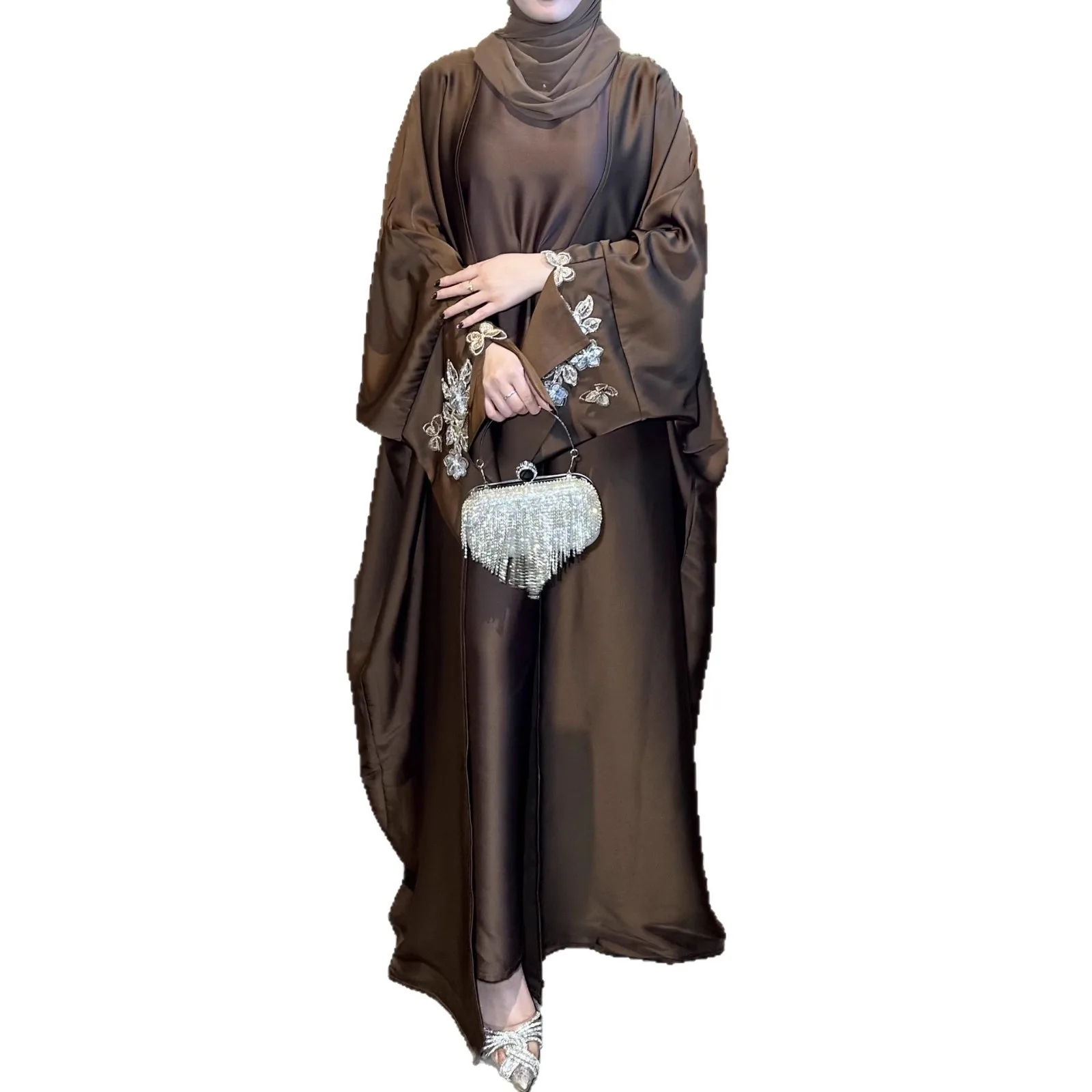 2026 Women's Embroidered Luxury Open Skirt Satin Abaya Long Dress