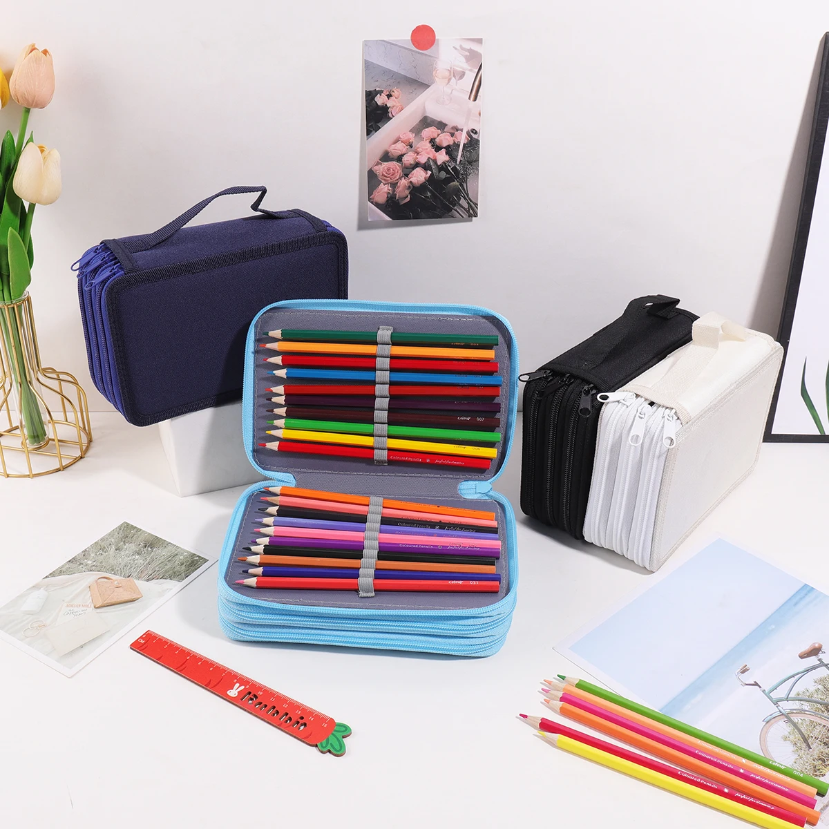 52 Slots Multi-layer Pencil Organizer, Zipper Pouch with Handle for Colored Pencils, Pens & Art Supplies Storage