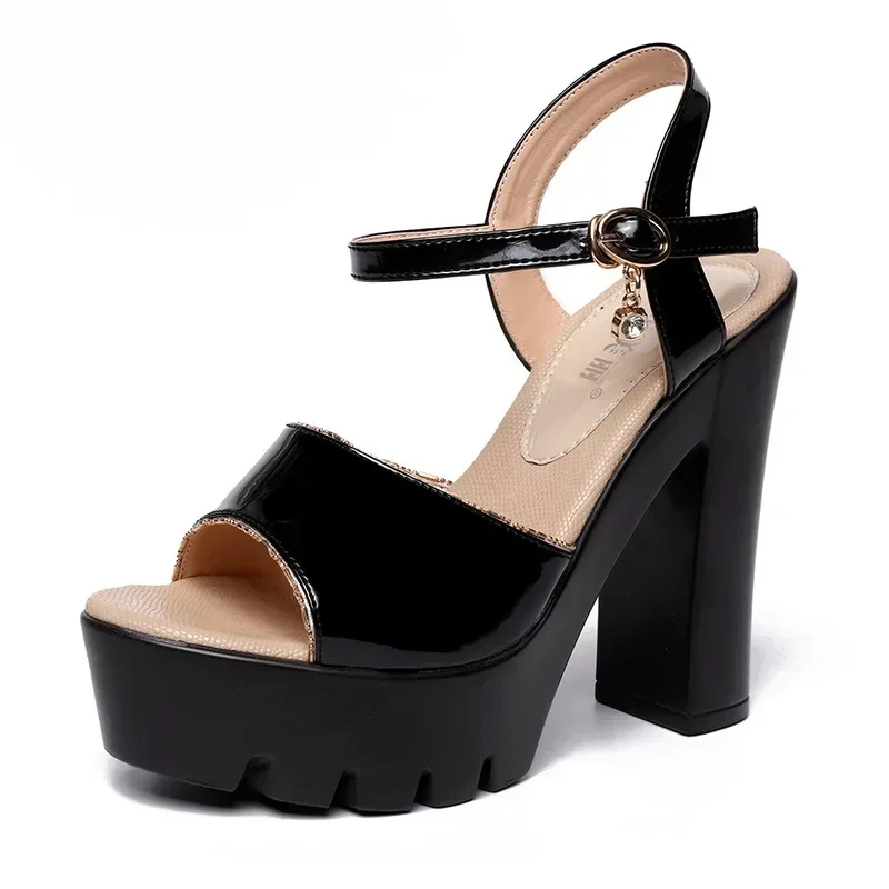10cm 13cm Small Size 32-43 Thick Bottom Patent Leather Sandals Chunky Platform Shoes 2025 Block High Heels Sandals Dress Model view 2