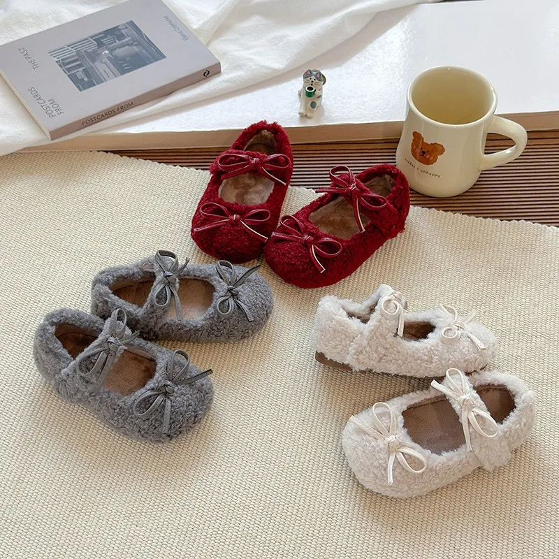 

Princess Style Fleece Lining Shoes for Girls 2025 New Winter Toddler Walking Shoes with Double Bow Soft Sole Simple Party Flats