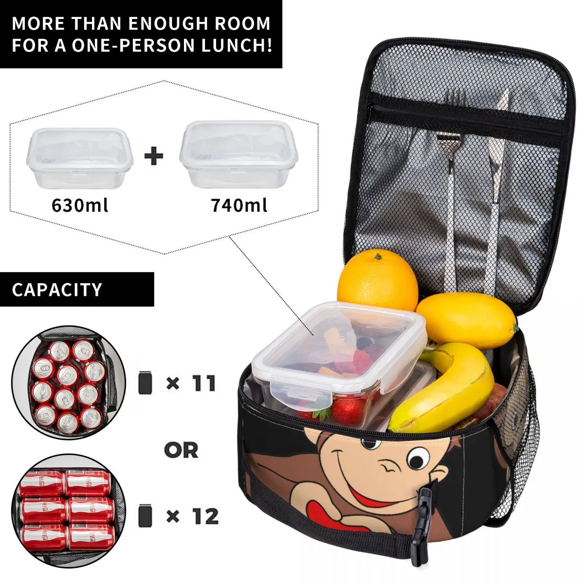 Curious George Is All Heart-Bolsa de almuerzo aislante para mujer, enfriador térmico de la serie de TV, Bento Box, para playa, Camping y viajes