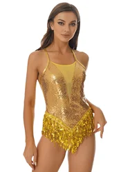 Leotardo con flecos y lentejuelas brillantes para mujer, en la espalda Body cruzado, traje de baile latino, Ropa de baile para actuaciones en escenario