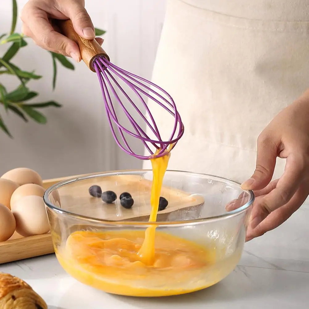 10 Inch Egg Beater Wooden Handle Reusable Labor-saving Whisking Silicone Manual Egg Mixer Milk Frother Kitchen Utensil for Home