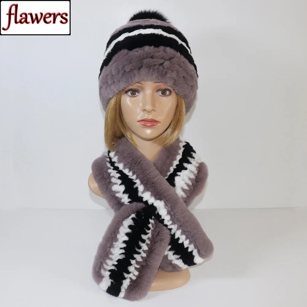 

Lady Real Fur Cap Scarves Women Winter Knitted Real Rex Rabbit Fur Hat Scarf Sets Keep Warm Natural Rex Rabbit Fur Hat Scarves