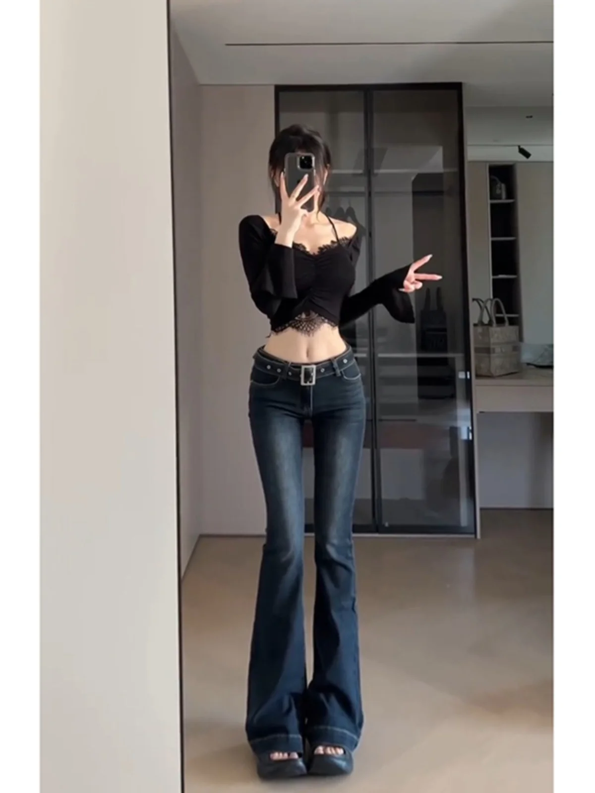 Deep Blue Low Waist Slim Fit Micro Flared Denim Jeans Women's Autumn Winter Extended Length Floor Sweeping Pants