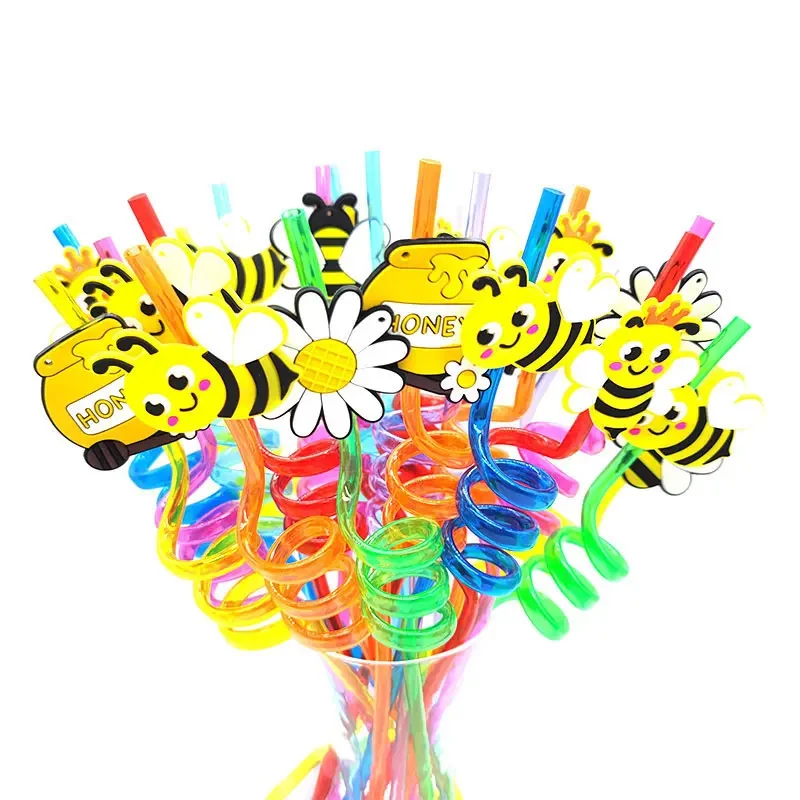 8pcs 26cm Cartoon Bee Straw Reusable Animals Plastic Spiral Drinking Straws Kids Birthday Party Decorations with Cleaning Brush