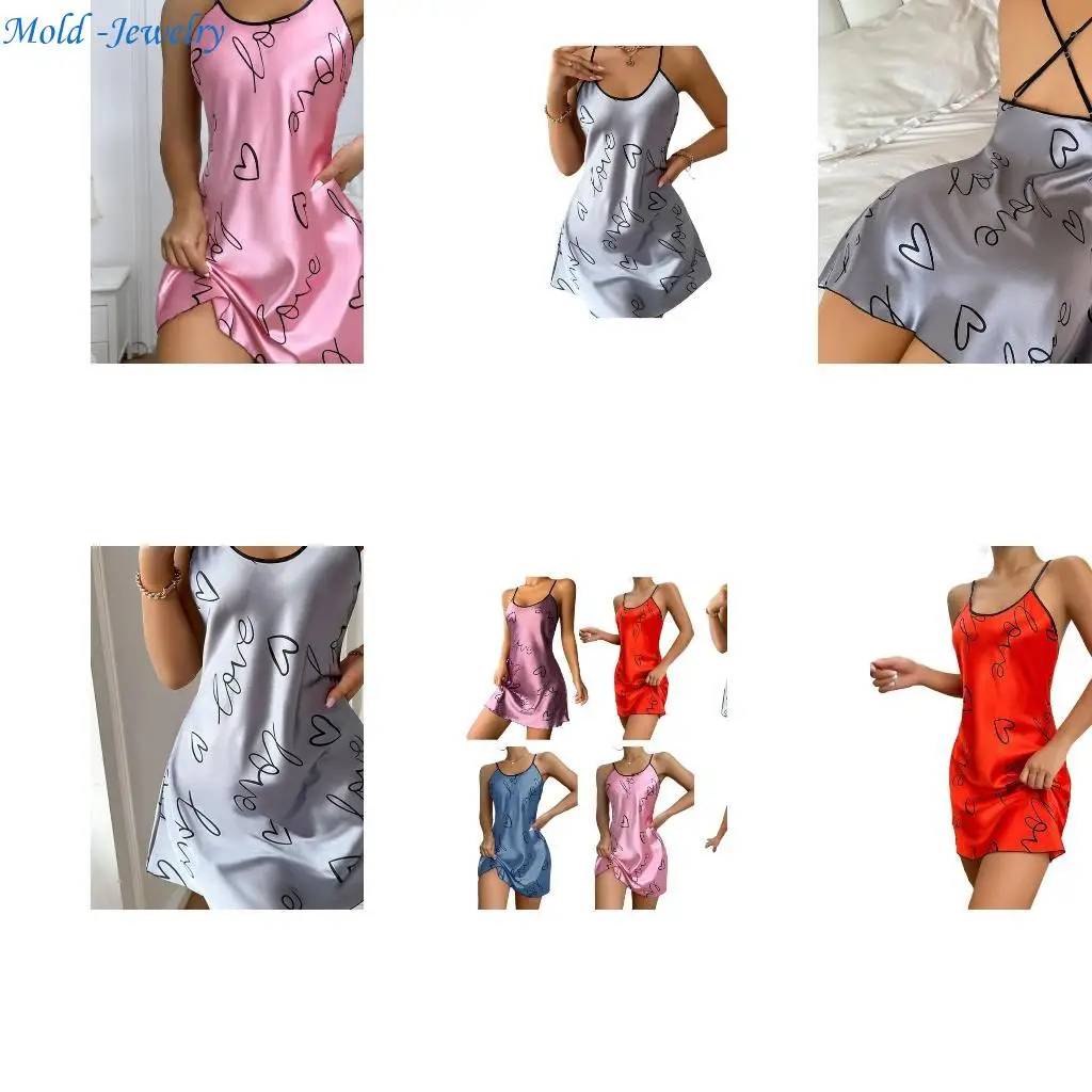 

69HB Women Sleeveless Lingerie Nightgown Back Love Letter Print Nightdress
