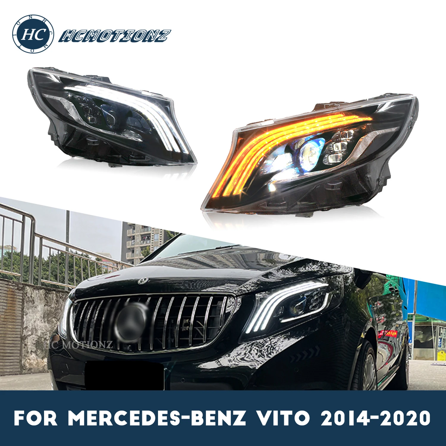 HCMOTIONZ LED Headlights for Mercedes-Benz Vito 2014-2020 Car Front Lamps Assembly V-Class W447 Metris Valente Marco Polo EQV