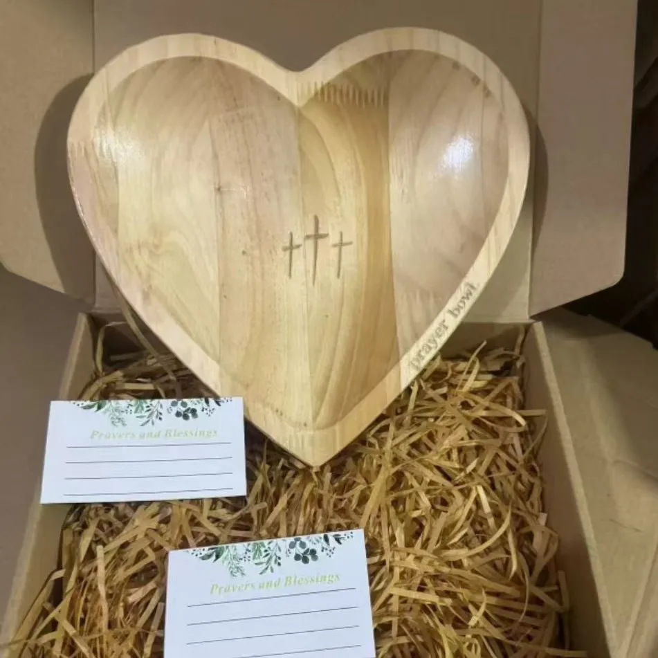 1pc Vintage Wooden Heart Shaped Prayer Bowl with Cross and ‘Prayer’ Text Perfect for Home Decor Living Room or Prayer Room Gift