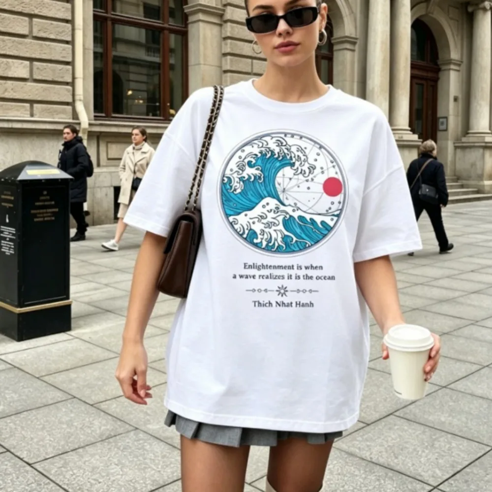Camiseta Thich Nhat Hanh Great Wave Kanagawa, camiseta unissex, roupas femininas, top estético Y2k
