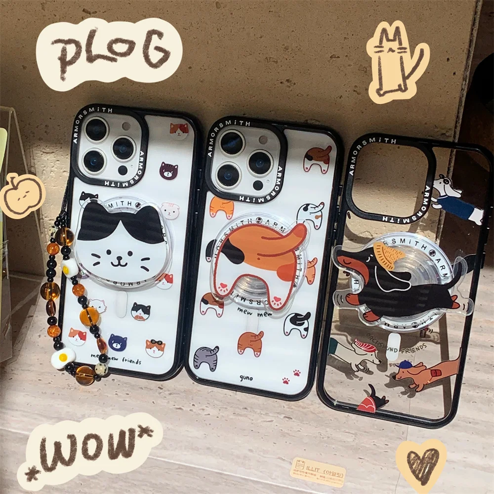 

Korean INS puppy kitten magnetic stand phone protective cover for iPhone 12 13 14 15 16 17 Pro Max Plus 16E Fundas Cute Cases