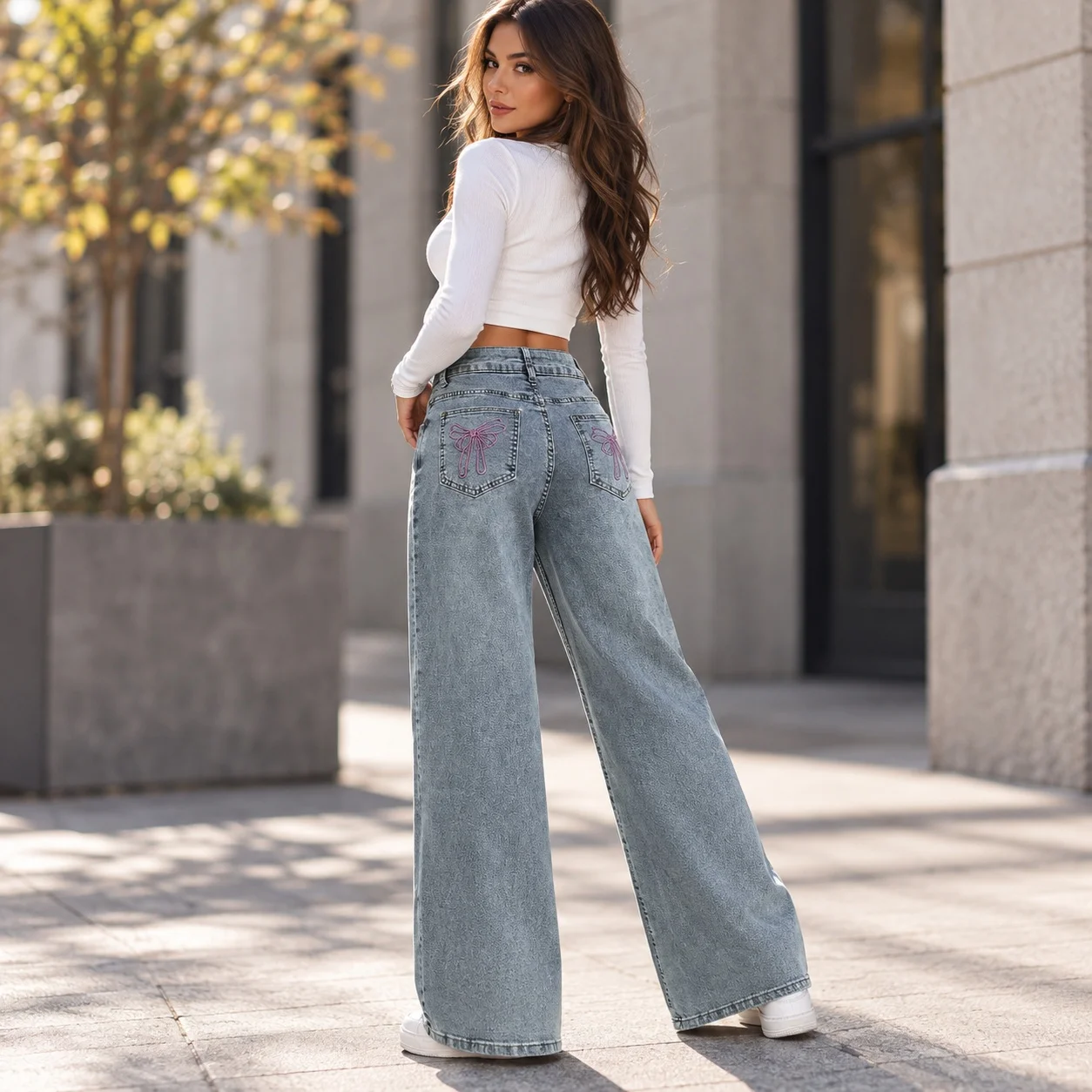 High Waist Wide Leg Jeans Streetwear with Autumn American Style Embroidery Full Length Slight Stretch Edgy Street Women Jeans