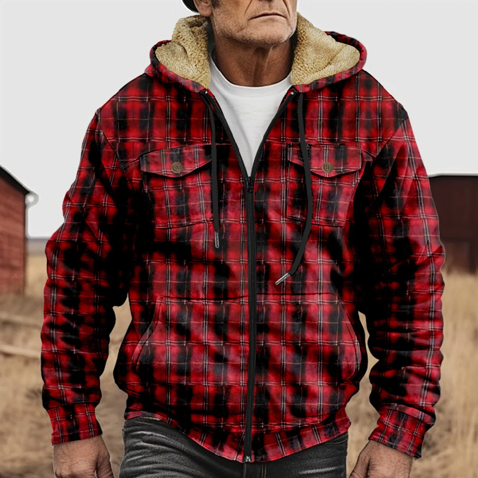 Chaquetas cálidas de forro polar grueso para hombre, abrigos abotonados con cuello vuelto y estampado de patrón Vintage, ropa de abrigo para