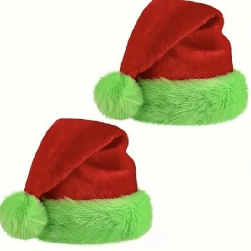 قبعة عيد الميلاد عيد الميلاد قبعة عيد الميلاد الفلورسنت الأخضر الديكور قبعة عيد الميلاد الحمراء من جلد الغزال طبقة مزدوجة لوازم الحفلات