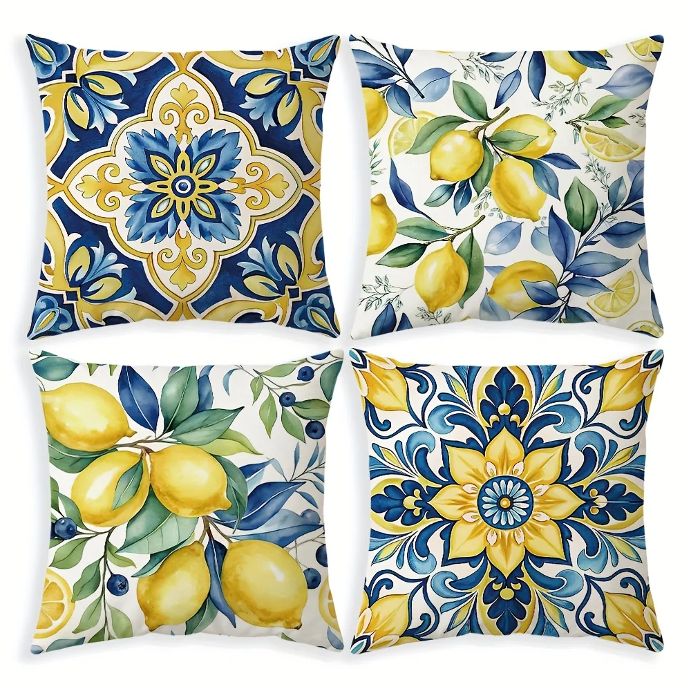 4Pcs, Sicilian Lemon Pillow Covers, Single-Sided, Zipper Closure, Washable Polyester - Perfect for Sofa, Living Room, Bedroom Decor, Decorative Pillows.