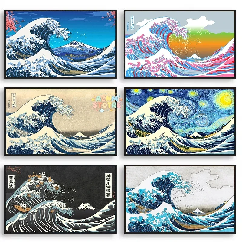 Retro Art Colorful Kanagawa Giant Wave Poster Japanese Ukiyoe Fuji Mountain Canvas Painting Wall Prints Picture Room Home Dec
