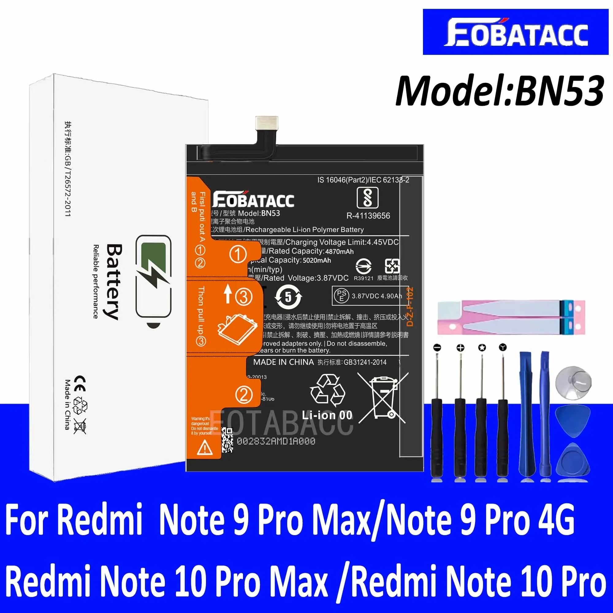 

EOTABACC 100% New Original Battery BN53 For XIAOMI REDMi Note 9 Pro Max/Note 9 Pro 4G/Redmi Note 10 Pro Max Battery +Tools