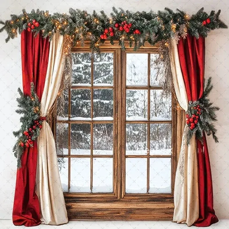VIKAMA Christmas Fireplace Window Tapestry Winter Snow Scene Wall Hanging Xmas Home Party Background Decor
