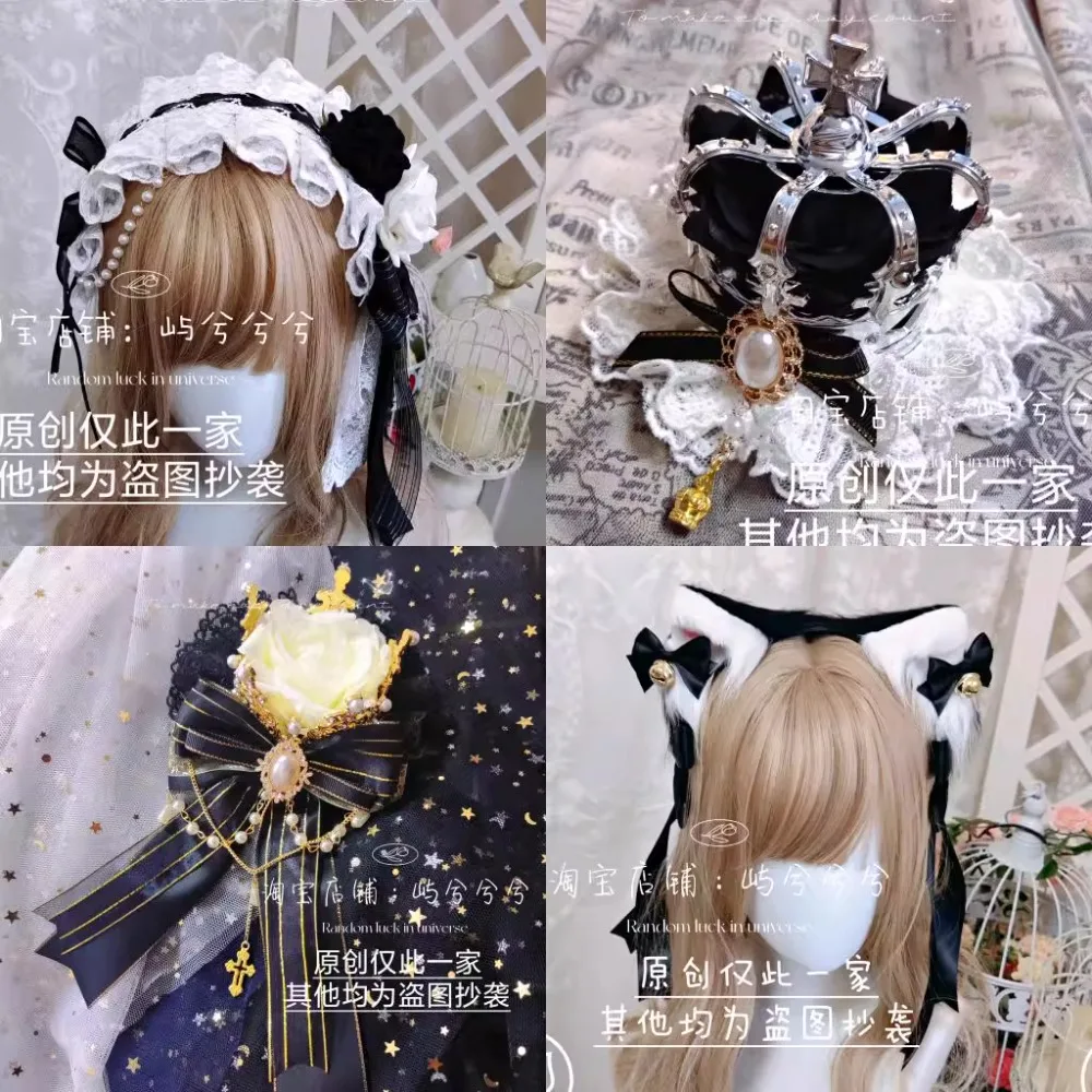

Black and White Lolita Headgear Goth Lolita Maid Crown Cat Ear Dark Lace Necklace Gloves Girl Hair Accessories Clips