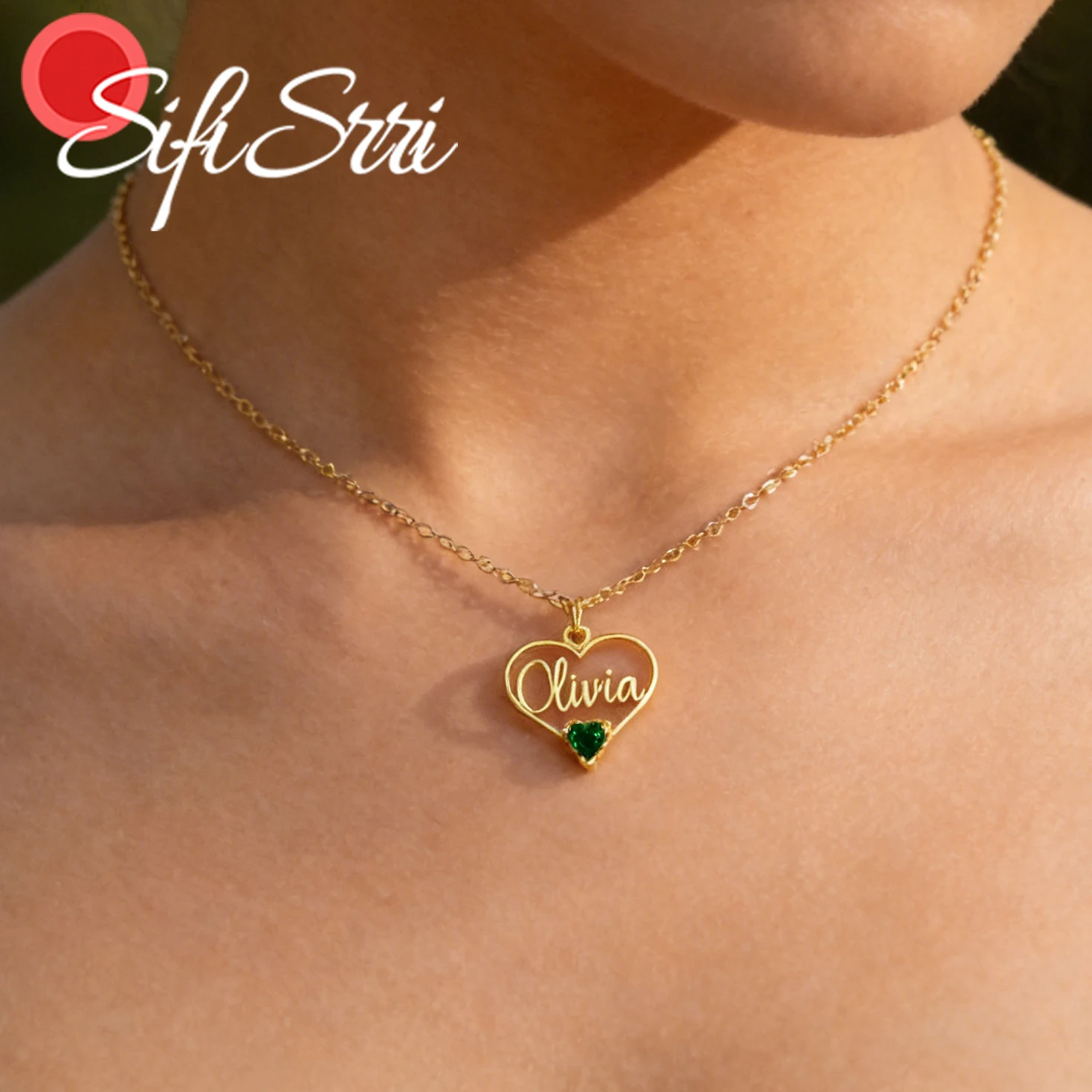 

Sifisrri Custom Heart Name Necklace for Women with Birthstone Stainless Steel Jewelry Choker Chain Personalized Birthday Gift