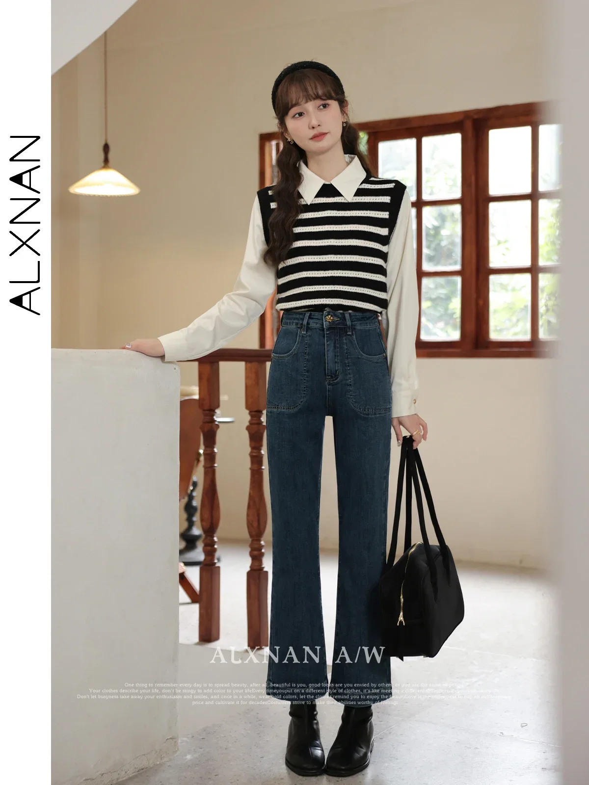 

ALXNAN Women's Jeans Blue Straight High-waist Cotton Denim Jeans Autumn Winter Metal Flower Buttons Casual Baggy Pants VLXN31868