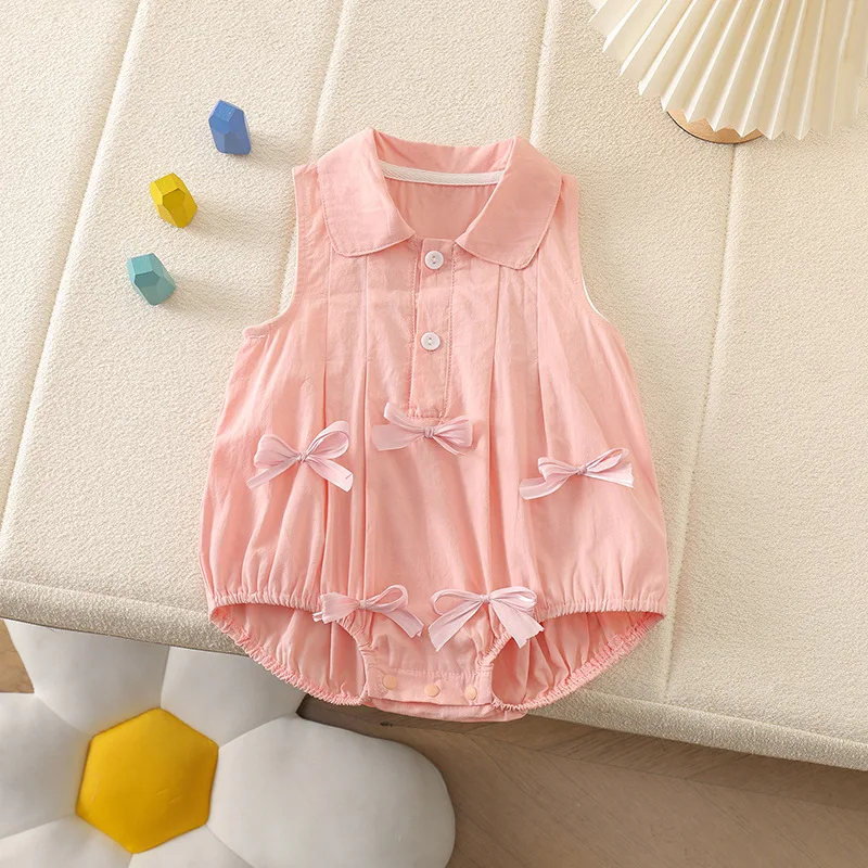 

2025 New Summer Korean Baby Girl Romper Sleeveless Double Bows Peter Pan Collar Thin Bodysuit Jumpsuit Infant Clothing Outfits