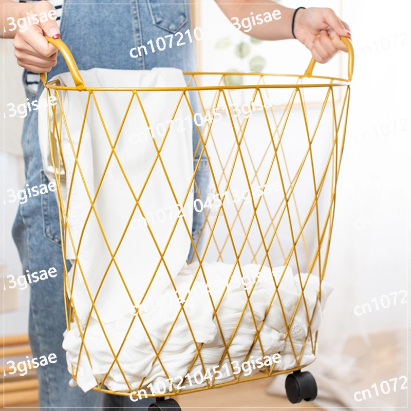 Home Golden Light Luxury Laundry Baskets Bedroom Iron Dirty Clothes Basket with Wheels Dirty Clothes Storage Basket with Handles