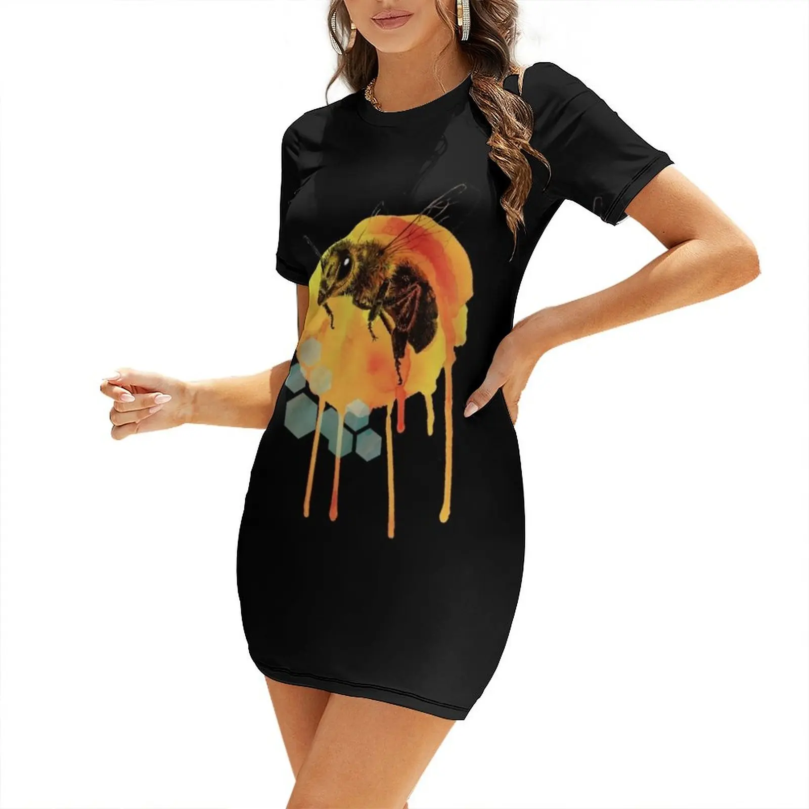 

Honey bee watercolour Short Sleeved Dress chic and elegant woman dress women clothing 2025 new arrivals