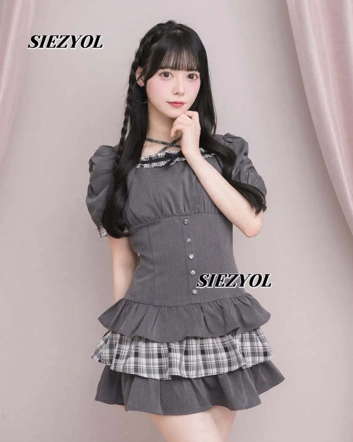 Japanese Contrasting Color Plaid Short-sleeved Cake Dress Sweet Cute Girl Ruffle Edge Doll Feeling Waist Short Sweet Girl Dress