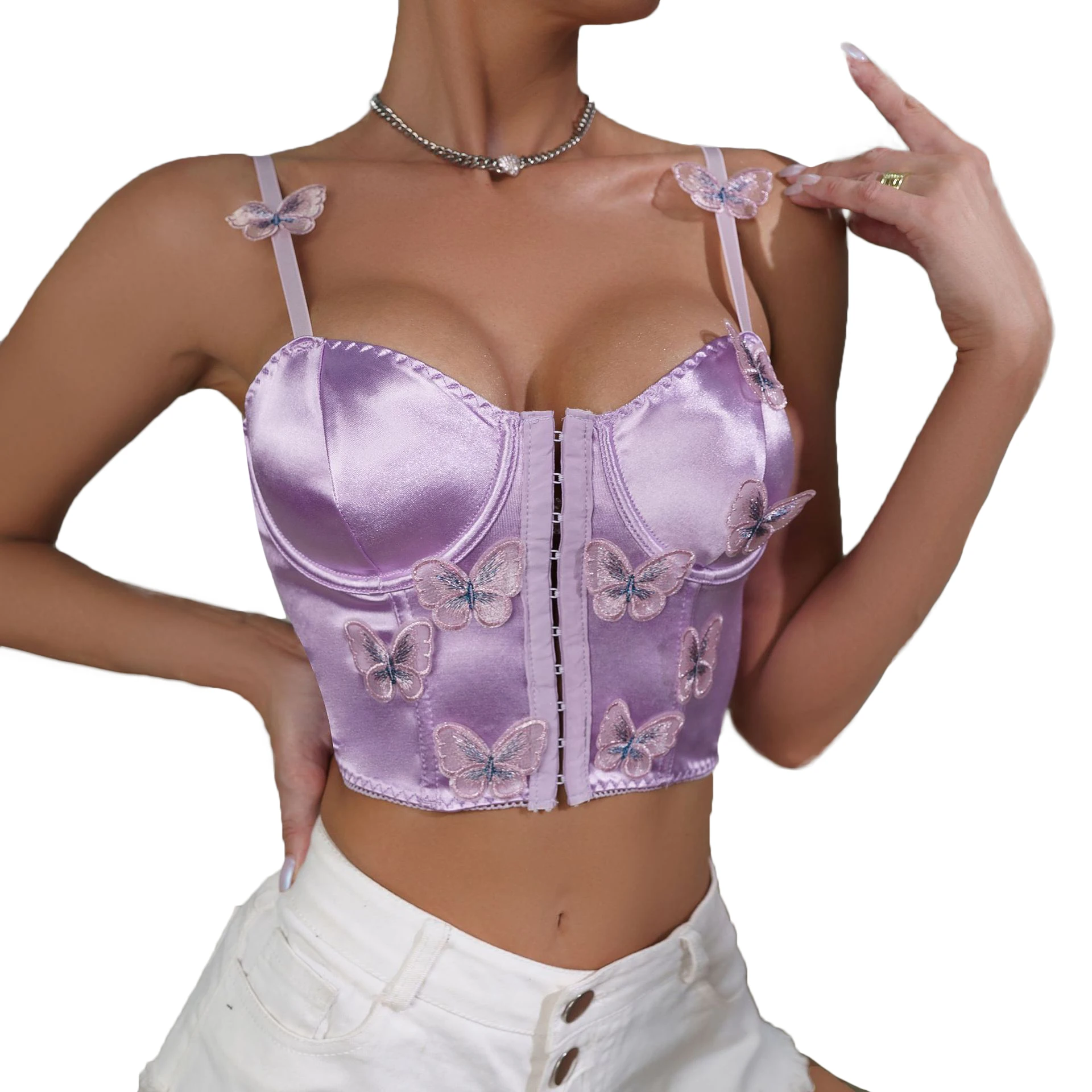 Sexy Purple Butterfly Embroidery Underwire Fishbone Colored Tank Top  with Corseted Slim-Fit Front Button Spice Belt Womens