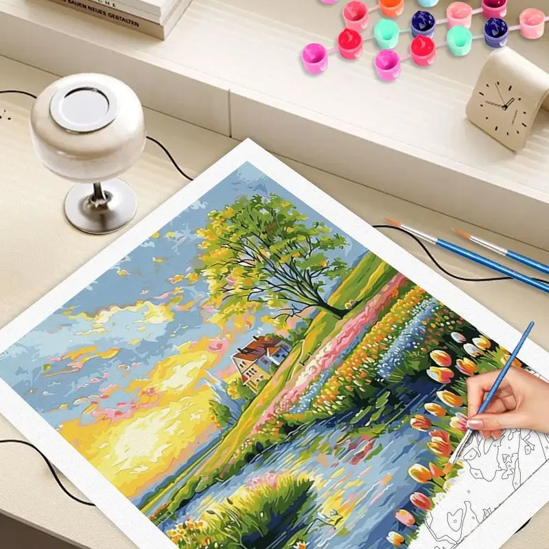 CHENISTORY الطلاء بالأرقام مشهد النهر والشجرة DIY صور حسب عدد مجموعات الرسم على قماش رسمت باليد هدية ديكور المنزل