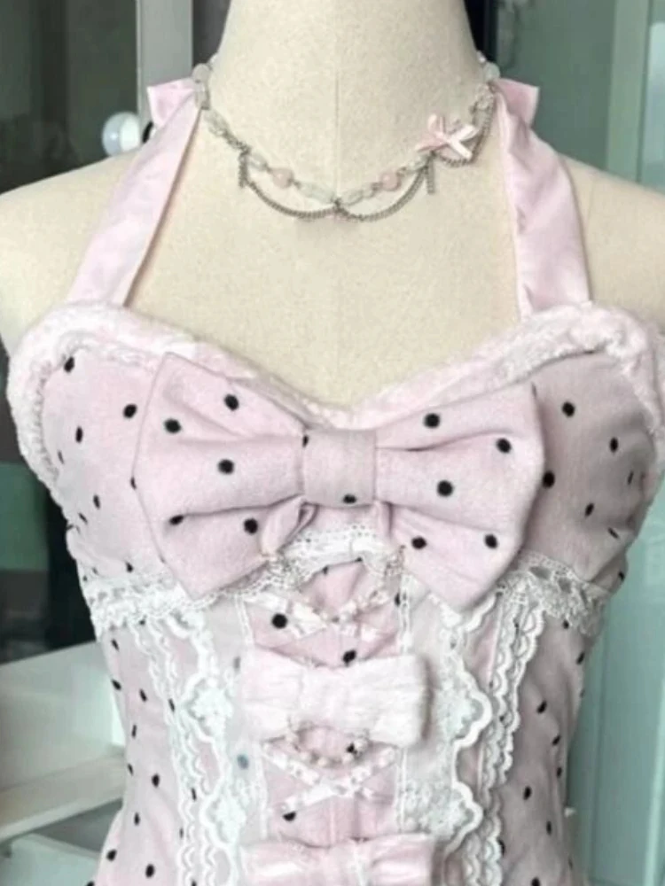 فستان نسائي وردي بدون أكمام بنقاط كاواي حلوة كورية خرافية Y2k بخصر نحيف تونك فيستدوس أنيق لطيف بفيونكة فساتين رسن للنساء