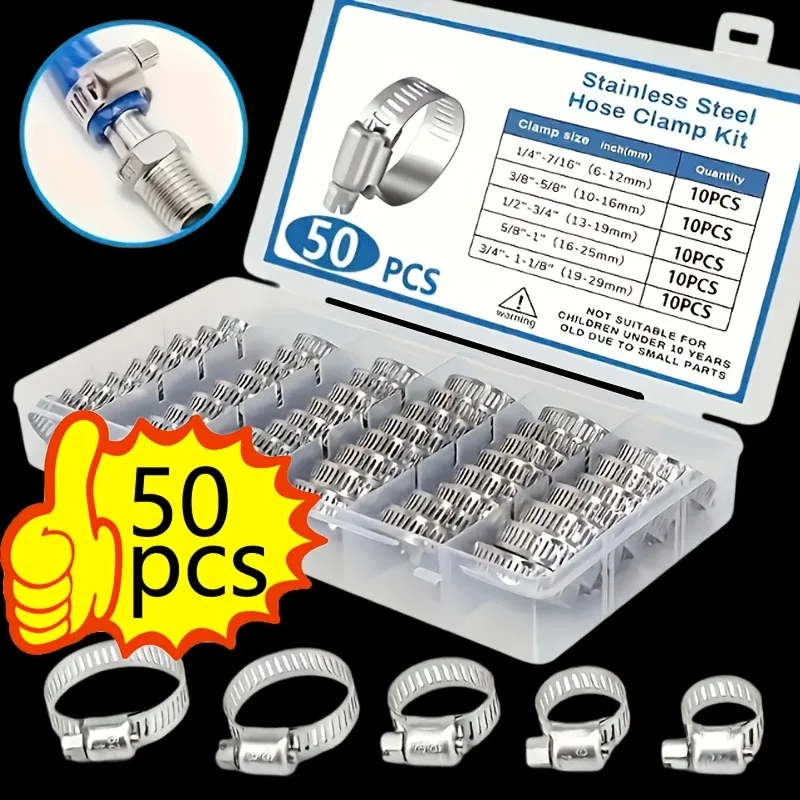 50pcs Stainless Steel Hose Clamp Kit, Suitable for 1/4' to 1-1/8' T-Bolts, Worm Gear Design, Ideal for Pipes and Automotive Use